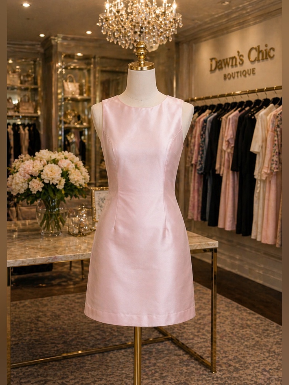 Sleeveless Satin Shift Dress - Pale Blush Pink